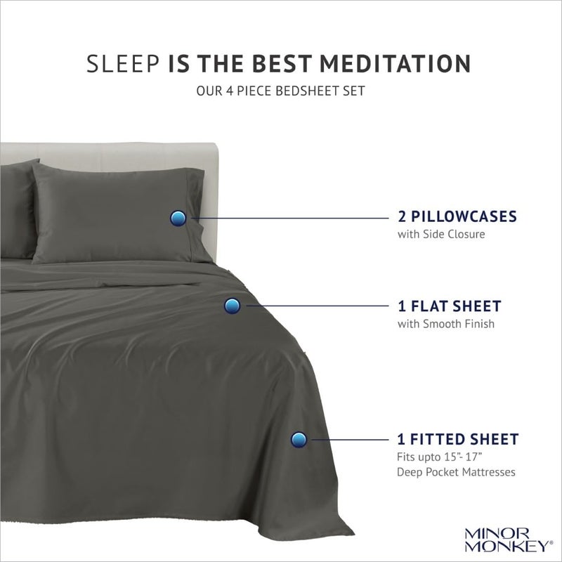 Minor Monkey 100% Egyptian Cotton Sheets Queen Size, 1000 Thread Count Luxury Breathable Sheet, 4Pc Queen Size Bed Sheet Set, Long Staple 16" Deep Pocket Sheets Set: Dark Grey - Image 4